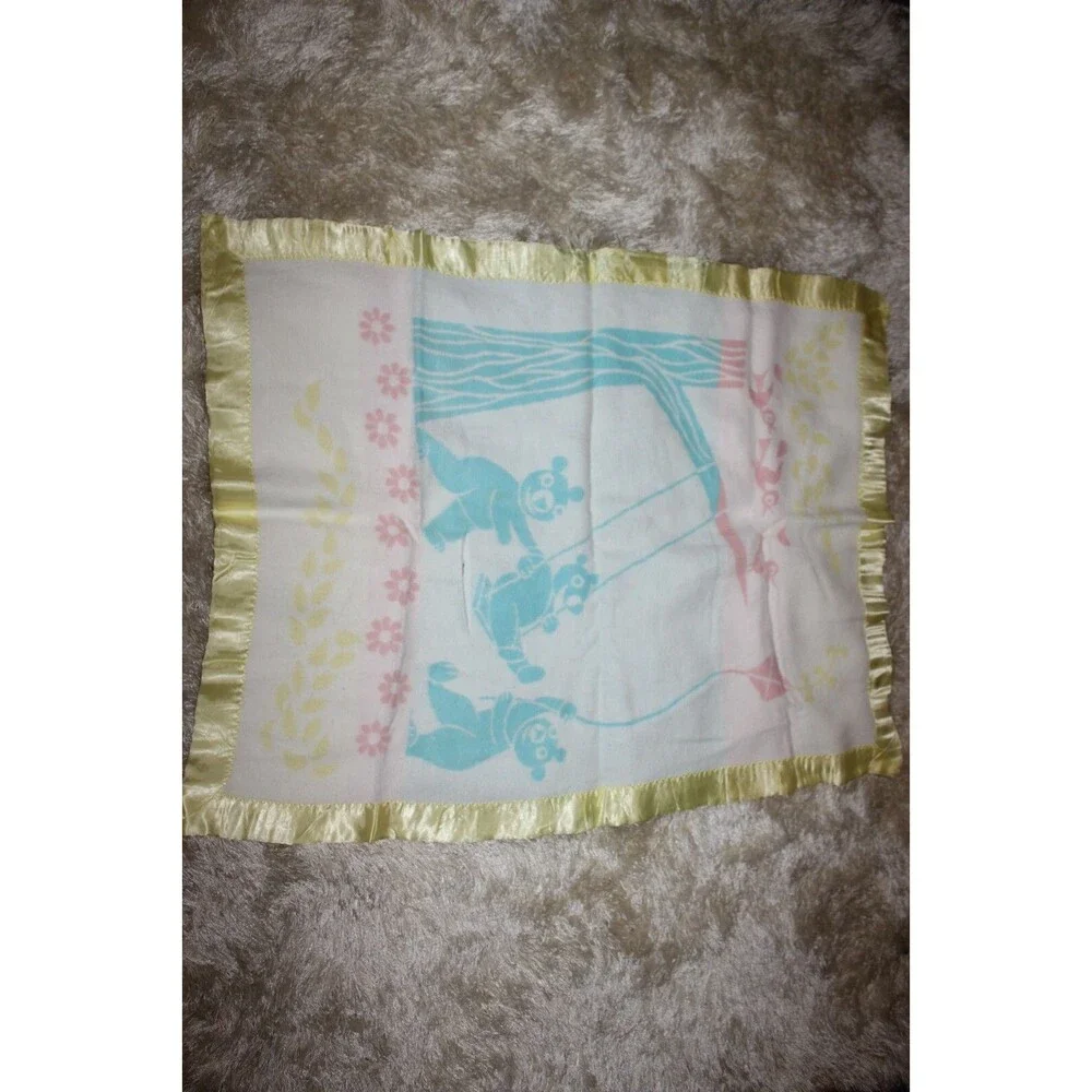 Vintage Baby Crib Blanket Yellow Teddy Bears On A Swing Satin Edge 35x43